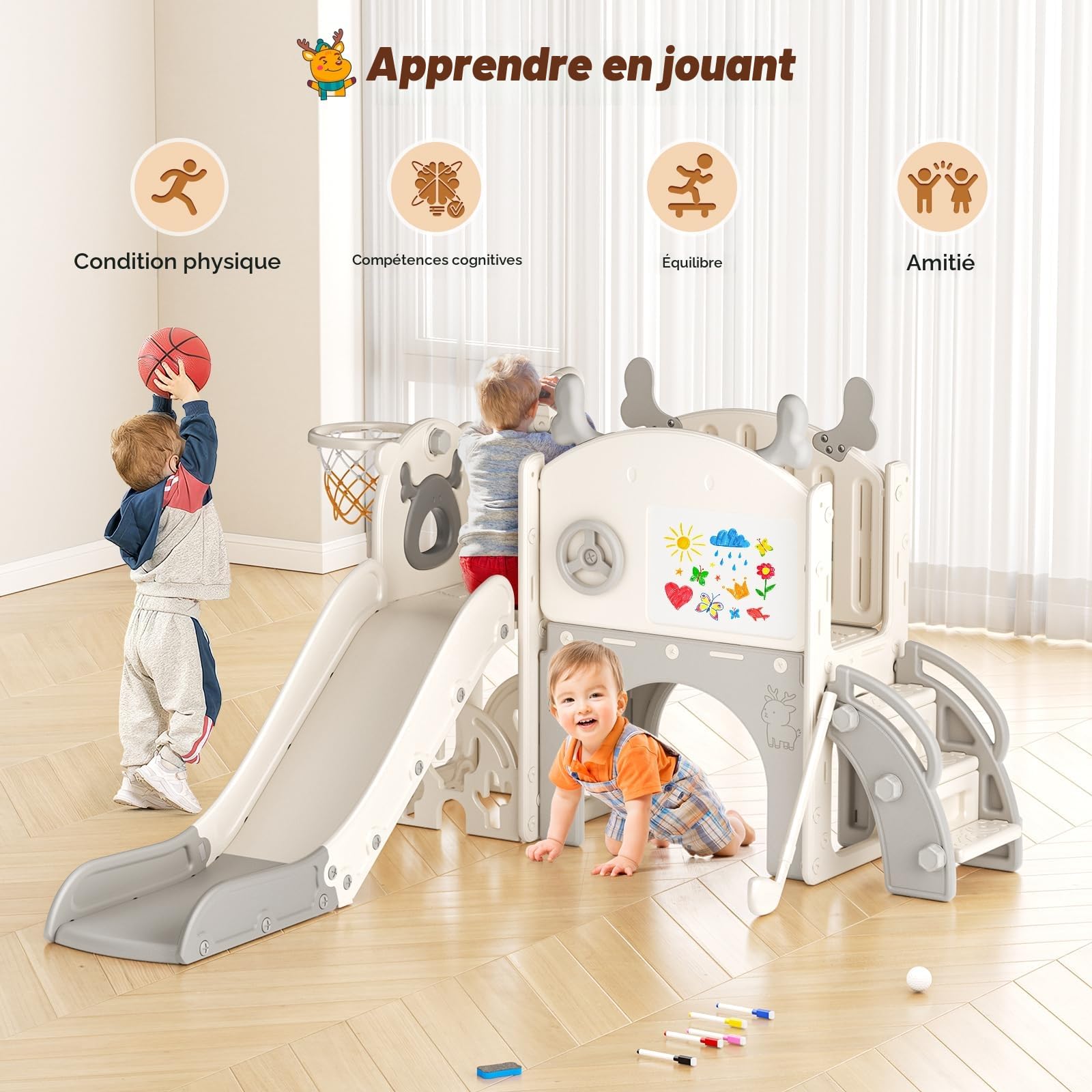 Toboggan pour Tout-Petits sur Le thème de l'élan de Noël de Krovtoy, Toboggan pour Tout-Petits Autonome avec Ensemble de Golf, pour Une Utilisation intérieure/extérieure (Beige Gris- 6 en 1)