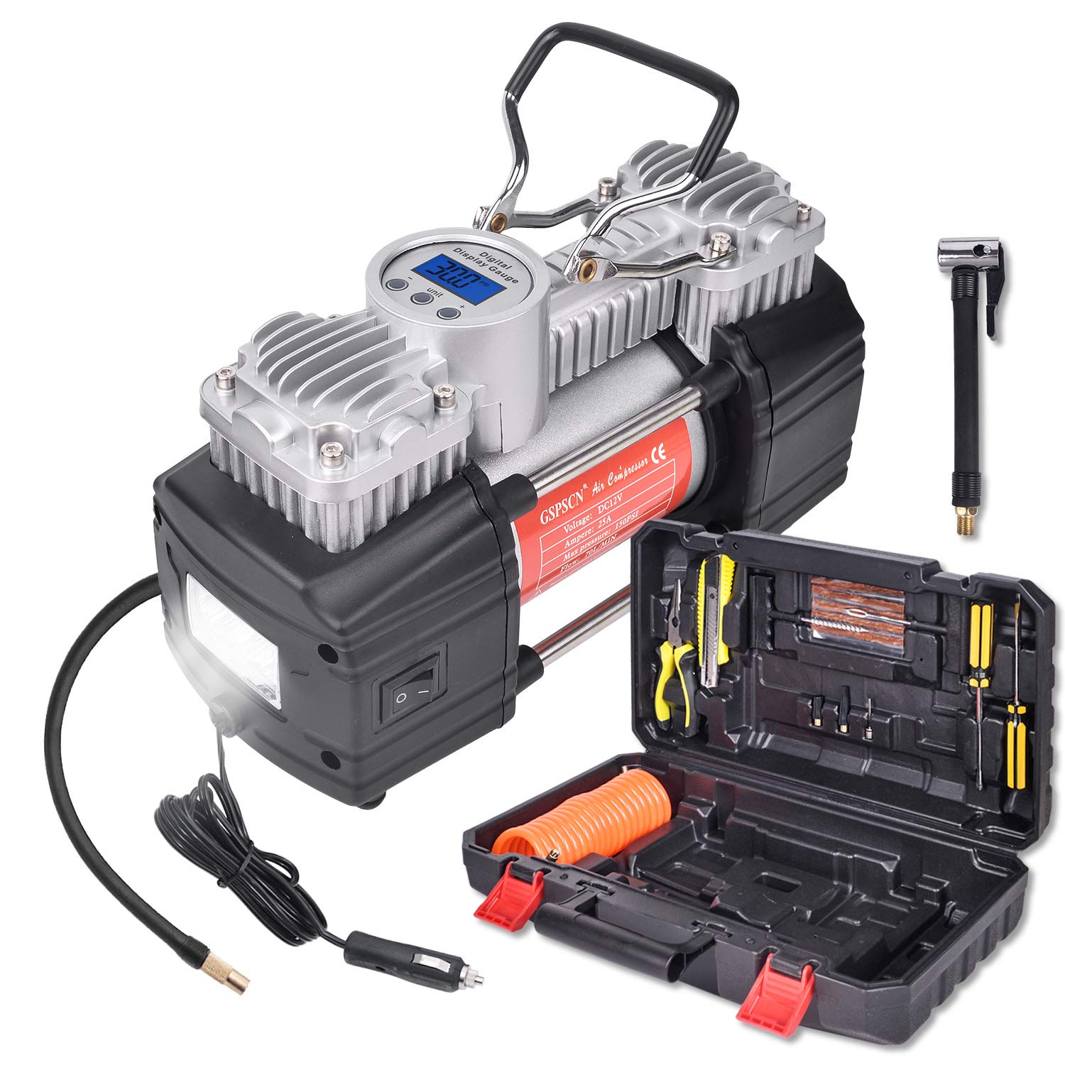 GSPSCN Portable Air Compressor Pump Tire Inflator with Digital Gauge, Heavy Duty Double Cylinder 12V Tire Pump 150 PSI with Tire Repair Kit and Toolbox for Auto,SUV,Off-Road,Truck,Bike