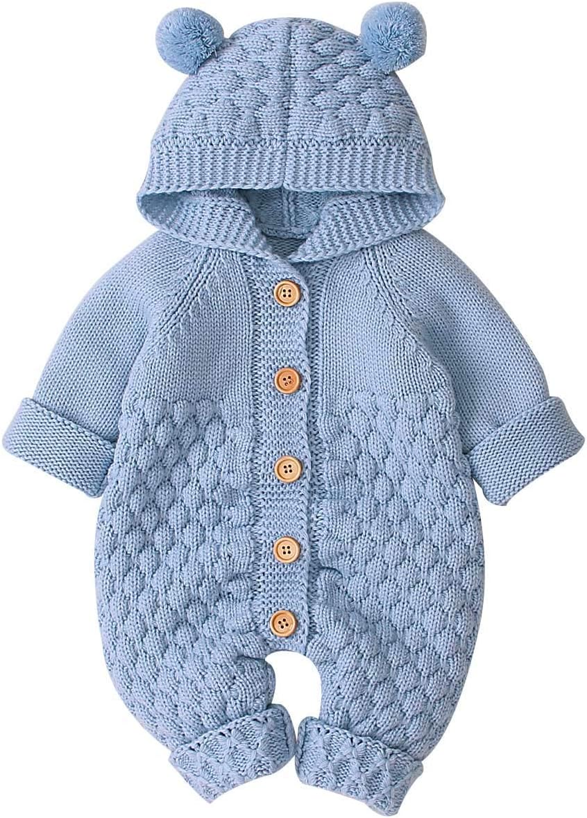 Newborn Baby Girls Boys Hooded Sweater Romper Knit Bear Ear Long Sleeve Solid Color Button Jumpsuits Winter Clothes
