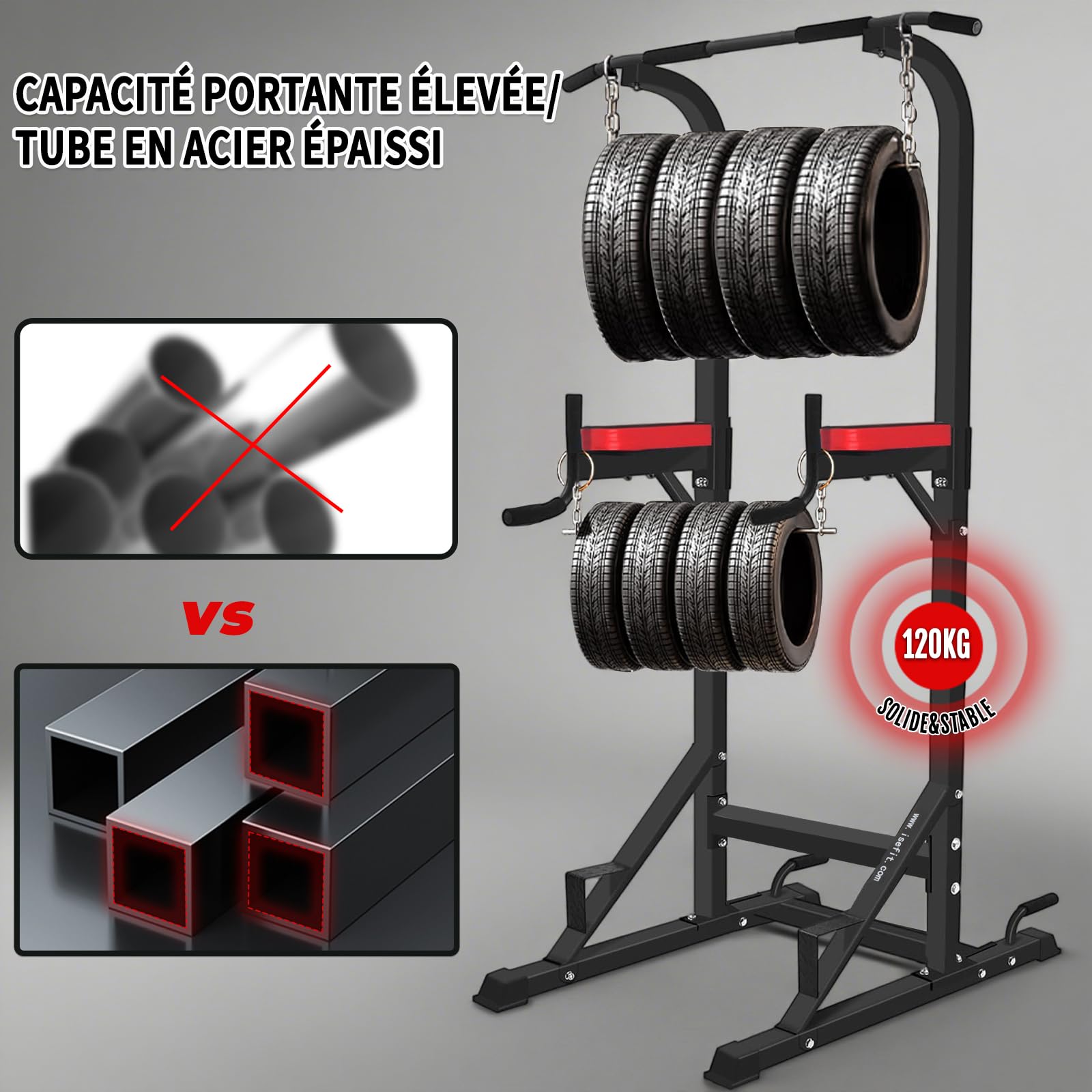 ISE 5 in1 Chaise Romaine Power Tower Workout Dip Station de Traction Station Musculation pour Entraînement Domicile, Pull Up Fitness Multifonction Chaise Romaine Musculation&Barre de Traction sur Pied
