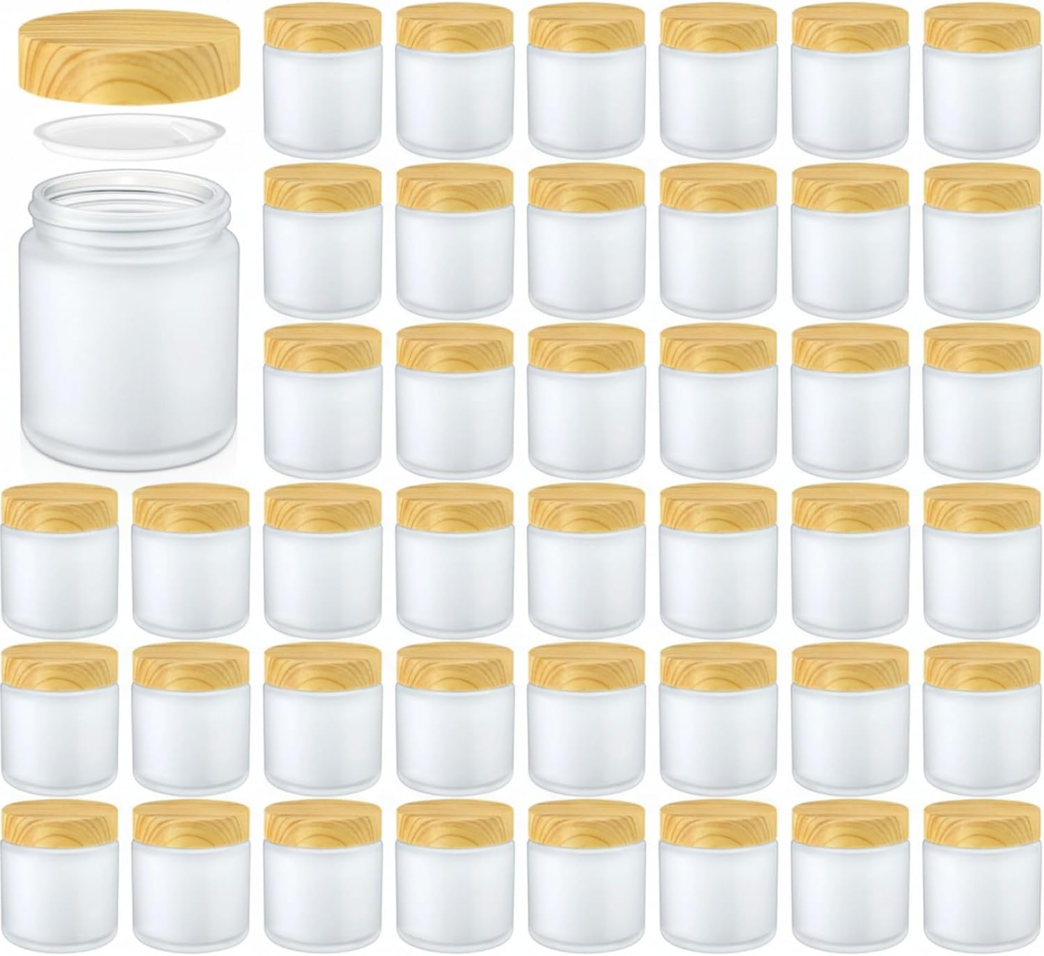 Norme 48 Pcs 4oz Glass Jars with Lids Empty Small Glass Containers and Inner Liners Reusable Cosmetic Jars Round Airtight Bottles with Plastic Woodgrain Lids for Storing candle, Lotion (Frosted Matte)
