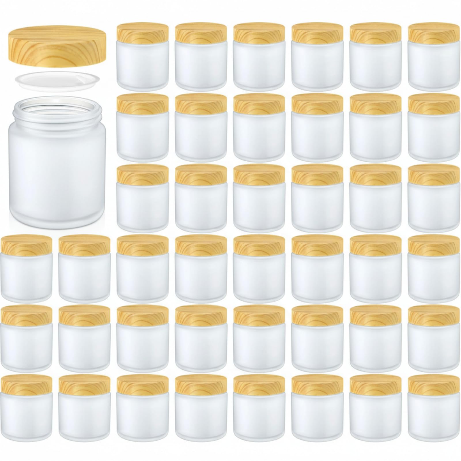 Norme 48 Pcs 4oz Glass Jars with Lids Empty Small Glass Containers and Inner Liners Reusable Cosmetic Jars Round Airtight Bottles with Plastic Woodgrain Lids for Storing candle, Lotion (Frosted Matte)