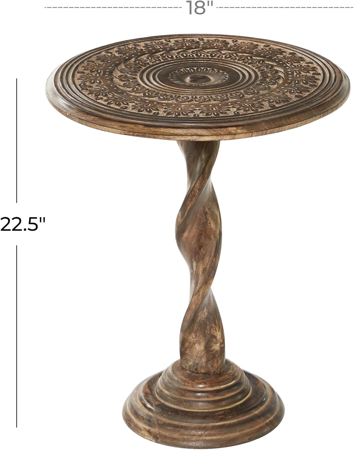 Deco 79 Mango Wood Floral Handmade Intricately Carved Accent Table with Spiral Leg and Elevated Base, 18" x 18" x 22", Brown