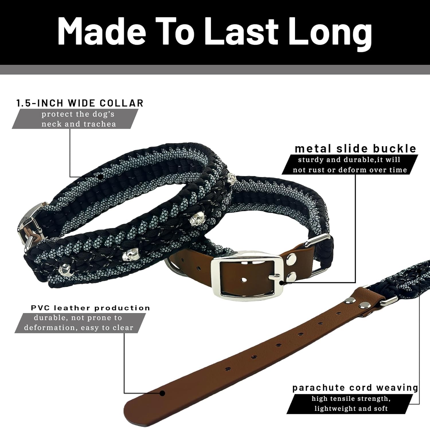 Black and Blue Braided Paracord Dog Leash and Collar Set, Adjustable Collar for Medium Large Dogs, Stylish Pet Gear for Boys, XL