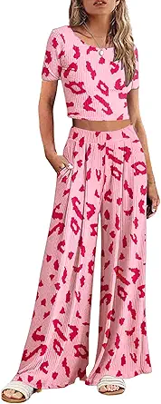 Ekouaer Women's 2 Piece Lounge Sets Ribbed Knit Crop Top Wide Leg Pants with Pockets S-XXL