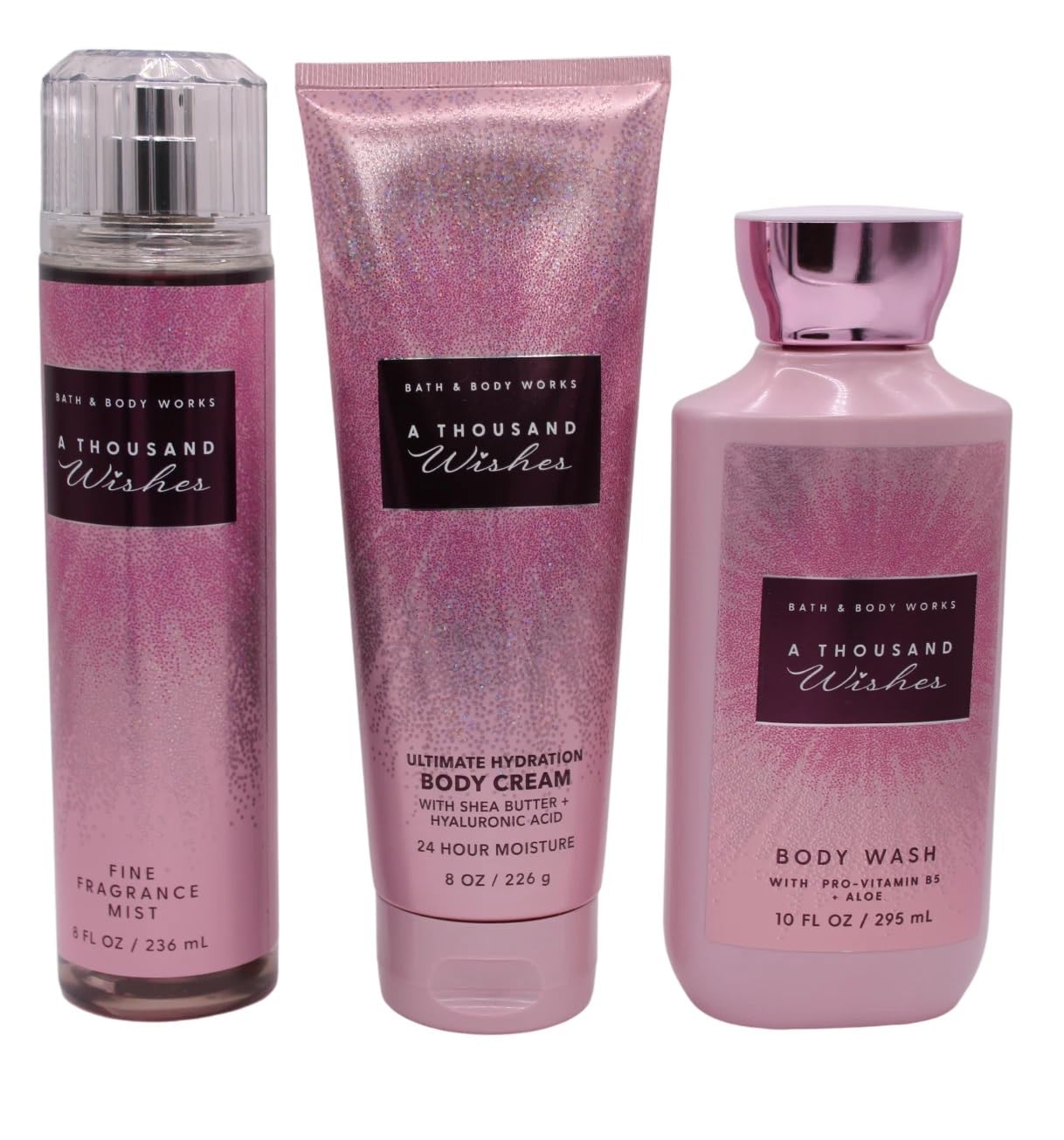 Bath & Body Works A Thousand Wishes Body Care Set. Shower Gel 10 Fl Oz, Fine Fragrance Mist 8 Fl Oz and Body Cream 8 Fl Oz