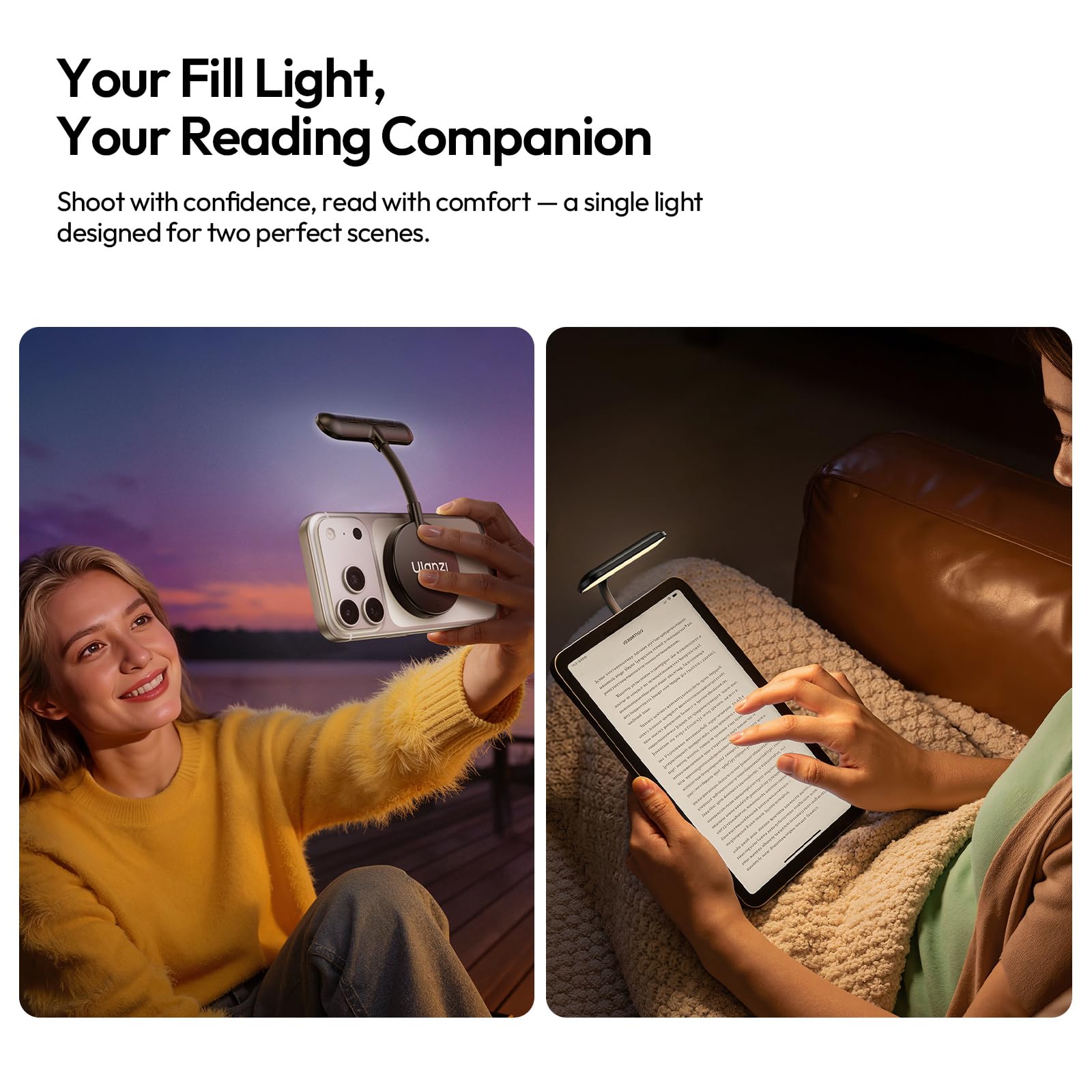 ULANZI M10 Magnetische Leseleuchte; Flexible LED Selfie Licht, Mini Handylicht mit 5-stufig dimmbarem warmweißem Licht als Buch und Kameraleuchte für iPhone/Android/Kindle