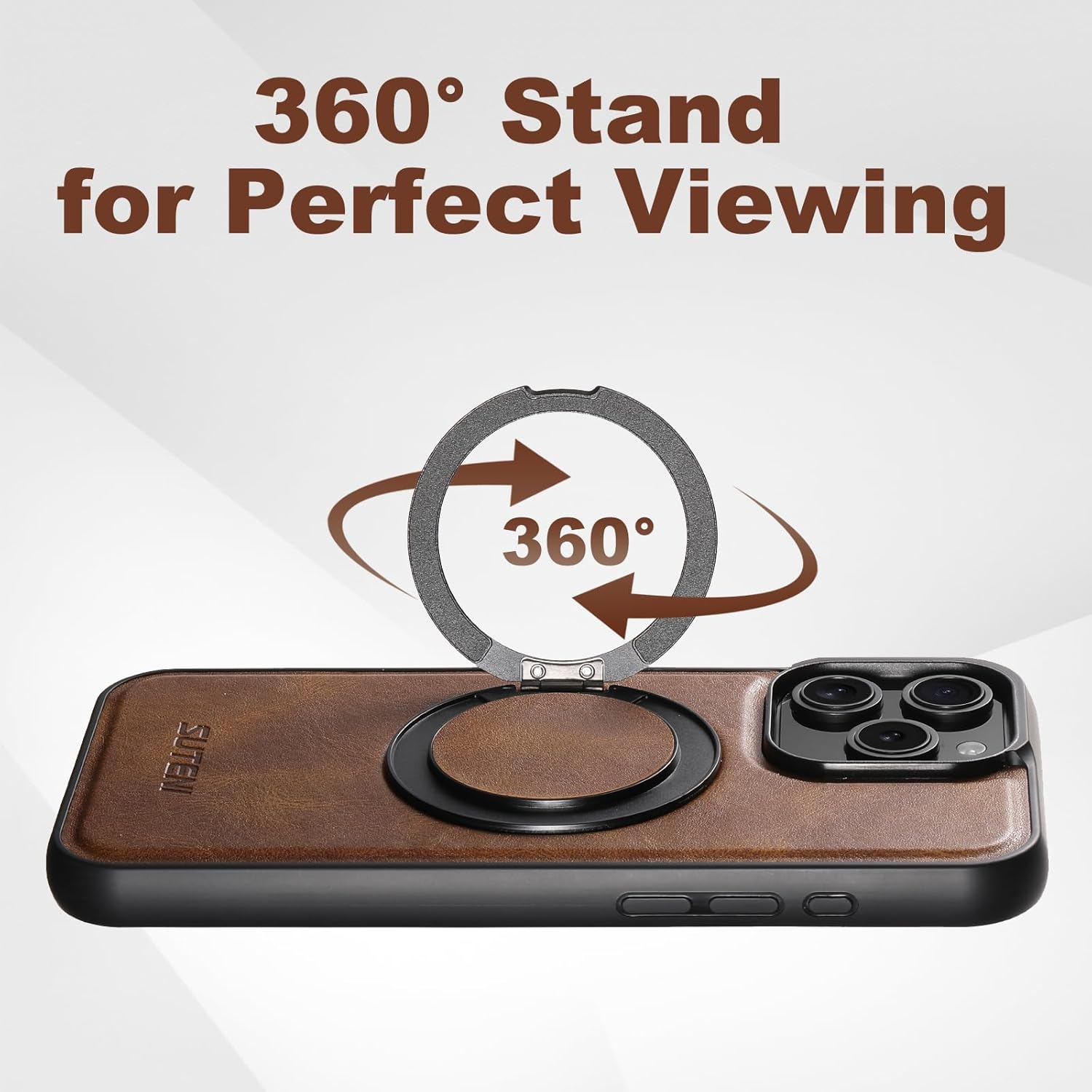 Built-in 360° Spin Magnetic Stand for iPhone 16 Pro Case, Fit for MagSafe, Military Grade Protective Leather Cover for Phone 16 Pro Caso with Invisible Kickstand Rotatable, Brown