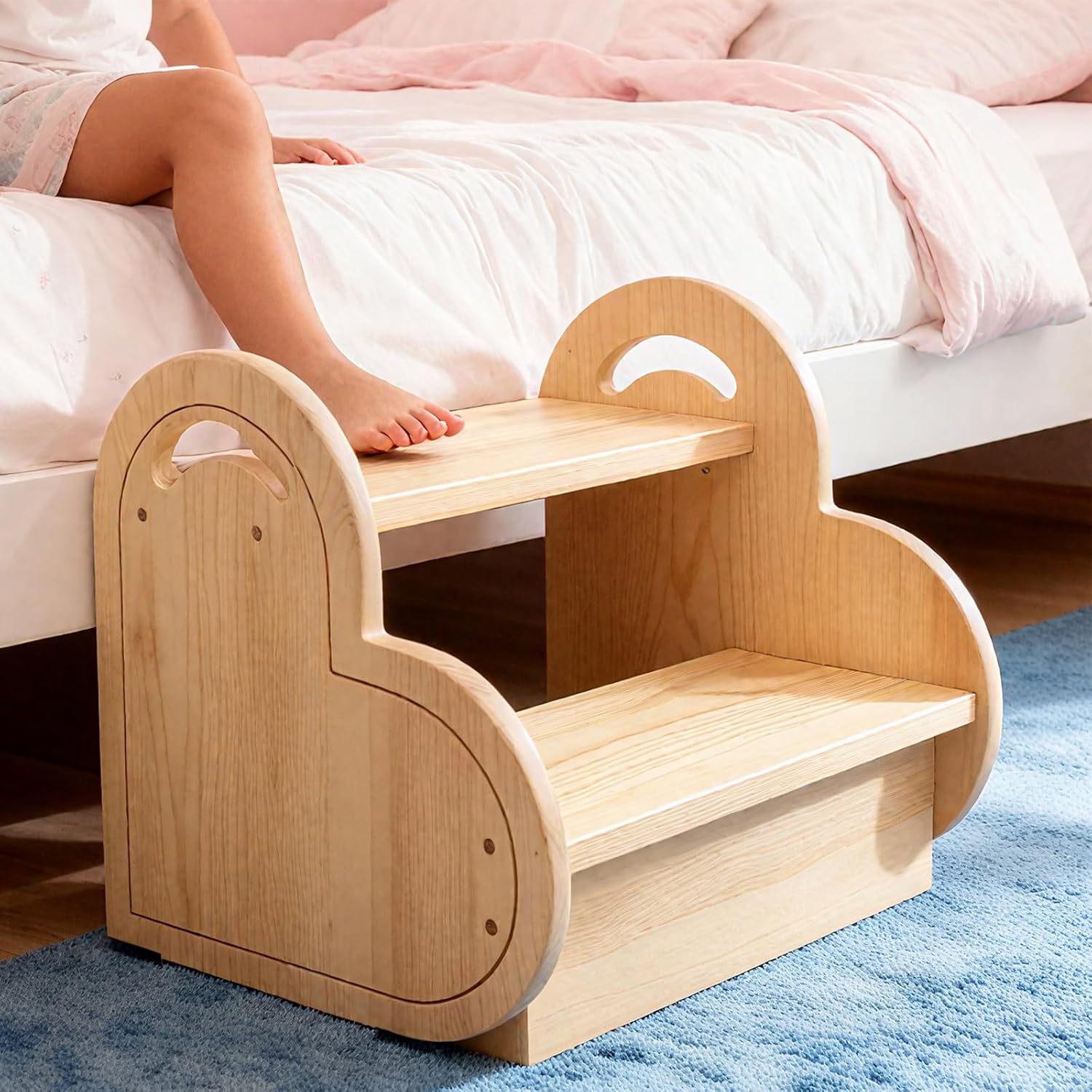 Wooden Stool with 2 Steps for Bedroom Kitchen High Shelves, Small Step Stool with Non-Slip Pads for Toddler Toilet Potty Training, Bathroom Sink, Step Ladder for Adults and Kids