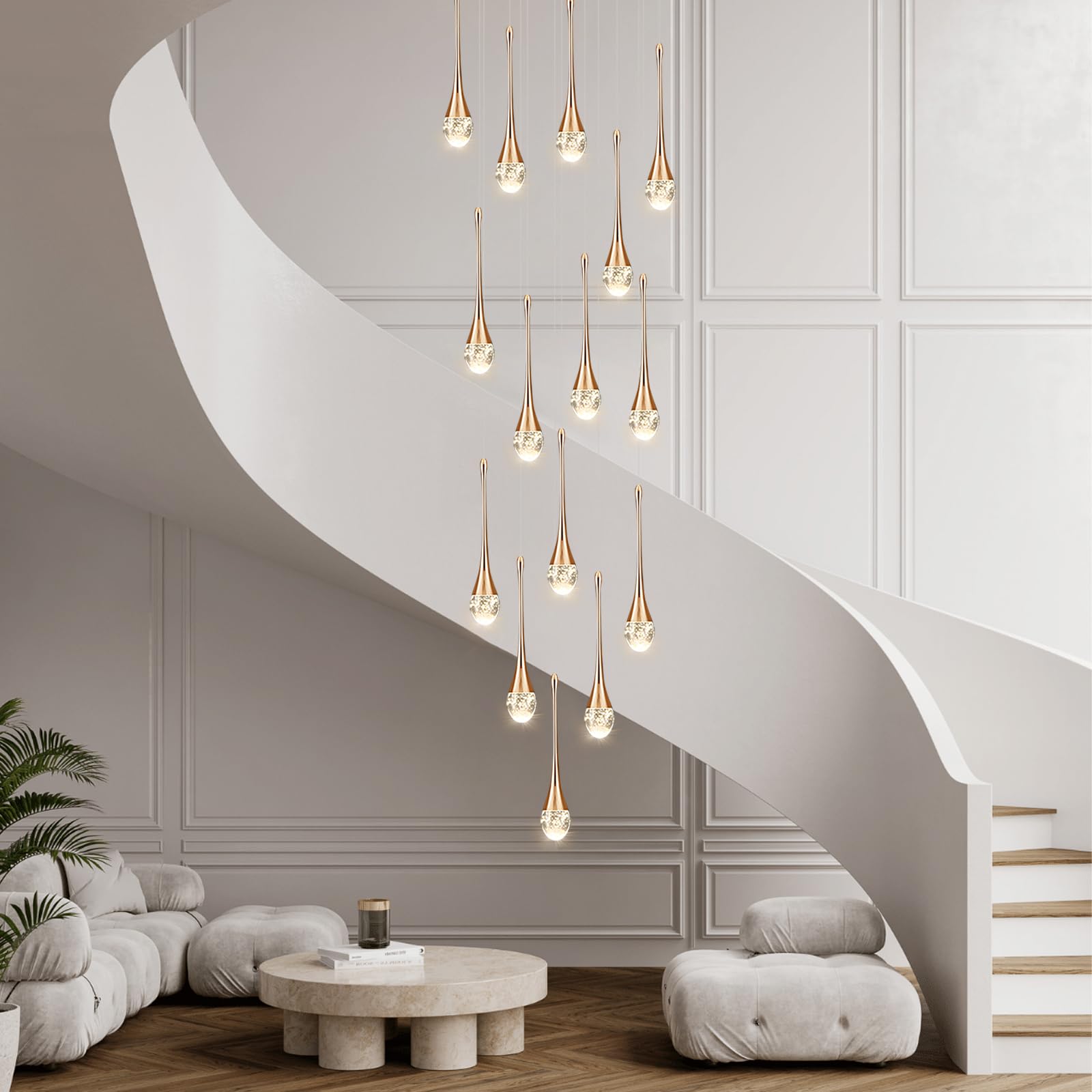 PCXEHUYP Long Staircase, Crystal dimmable Chandeliers with Remote Control Ceiling Adjustable Large Water Droplet Chandelier Suitable for staircases (15 Lights)