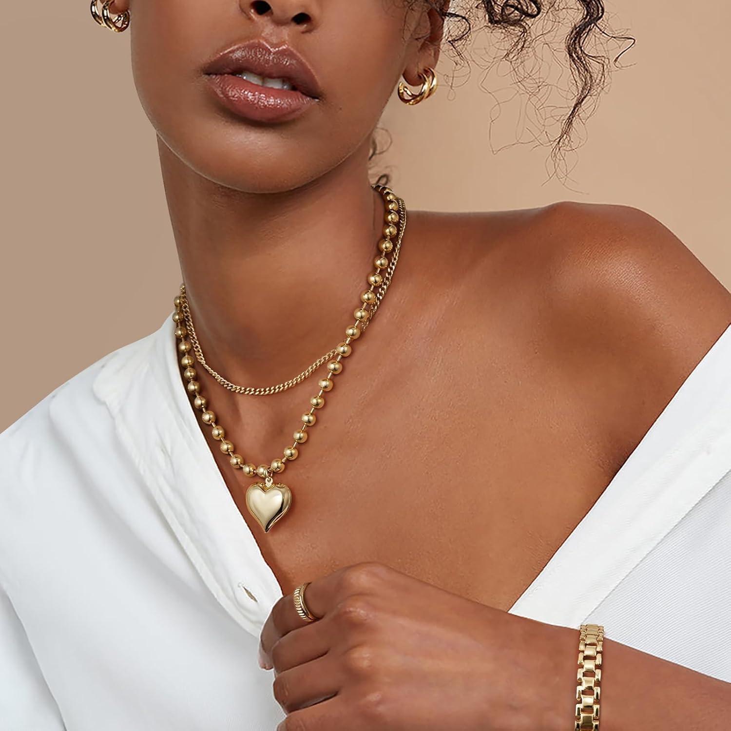 KELORIS PATH Heart Necklace for Women, 14K Gold Plated Chunky Puffy Pendant Charm Choker, Trendy Statement Ball Chain Jewelry Gifts - Image 4