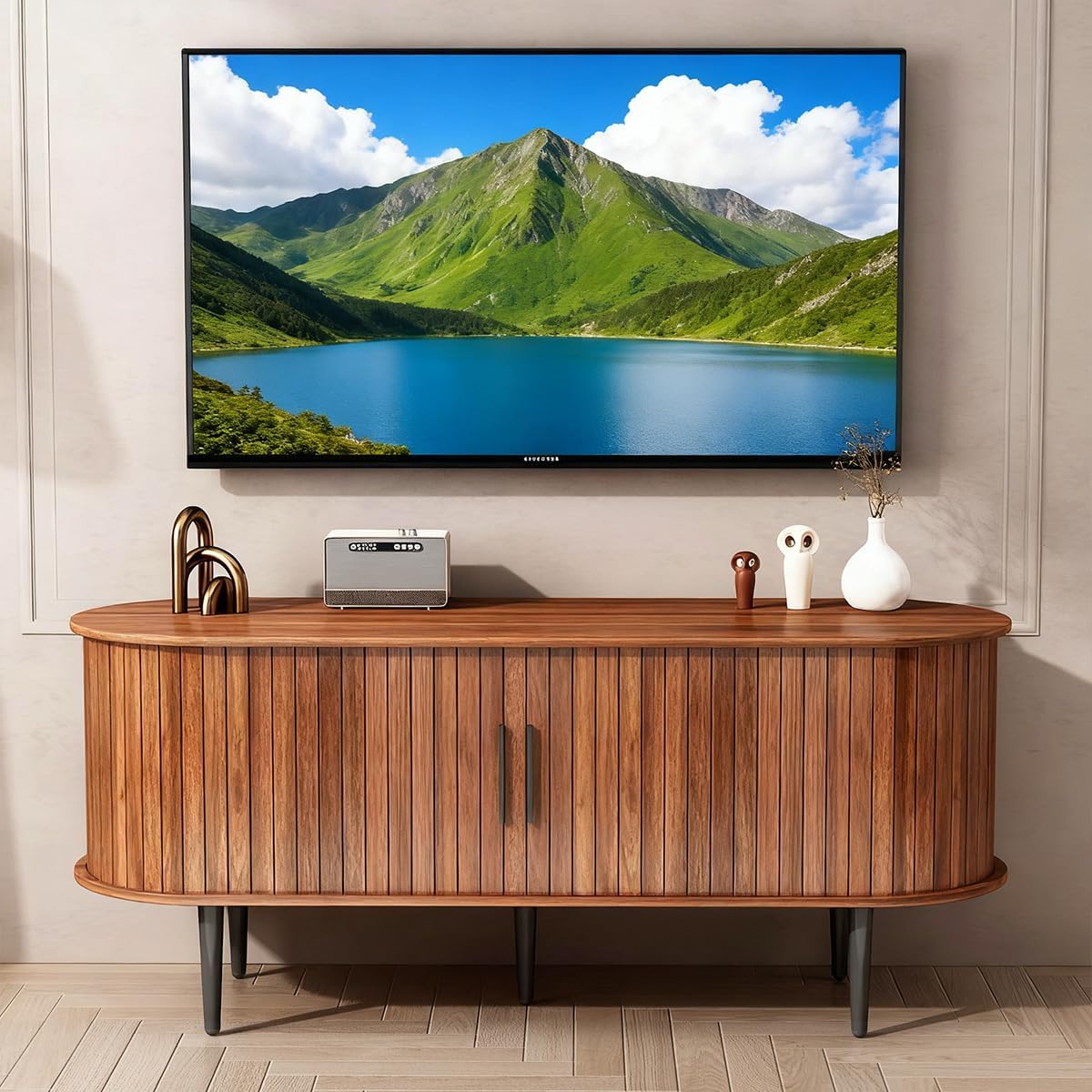 47" TV Stand with Sliding Tambour Door for Living Room,TV Console with Adjustable Shelves, Media Console with Storage Cabinet, Entertainment Center with Golden Handle (Walnut,47")
