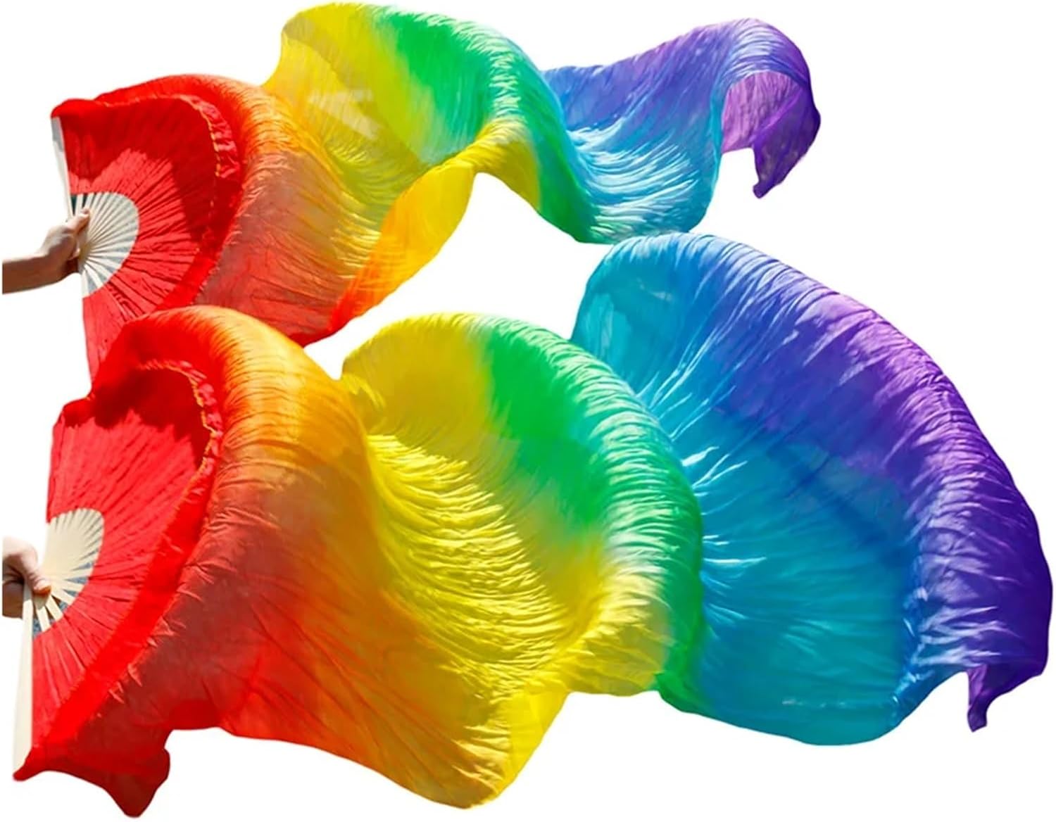 1 Pair Belly Dance Silk Fan Real Long Fans Handmade Gradient Color Practice Dancing