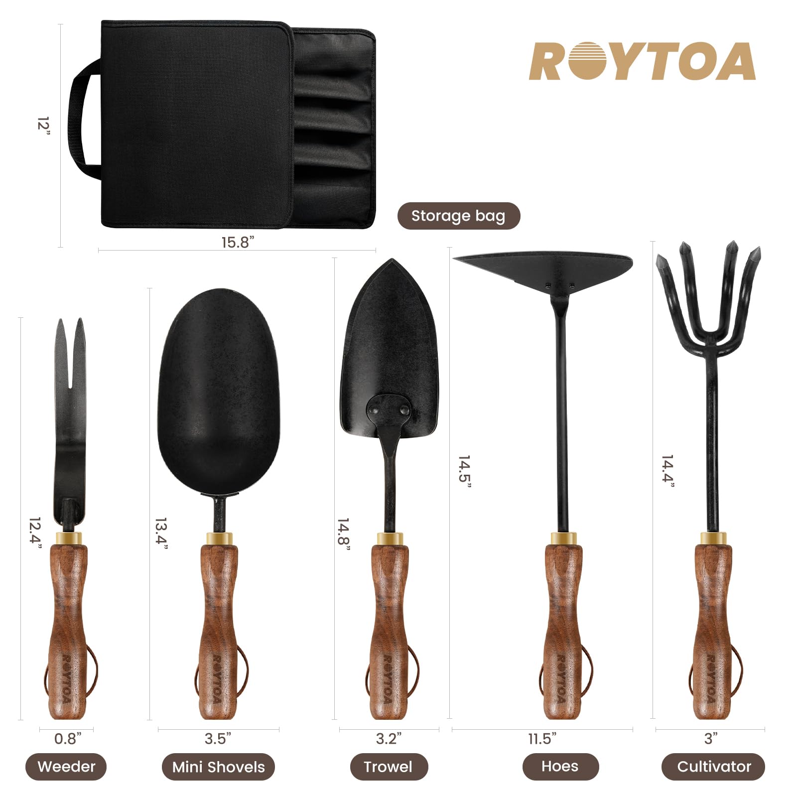 Juego de herramientas de jardín, 5 herramientas de jardinería, cultivador de mano resistente de acero inoxidable, azadas, pala, paleta y desmalezador con mango ergonómico de nogal, regalos de