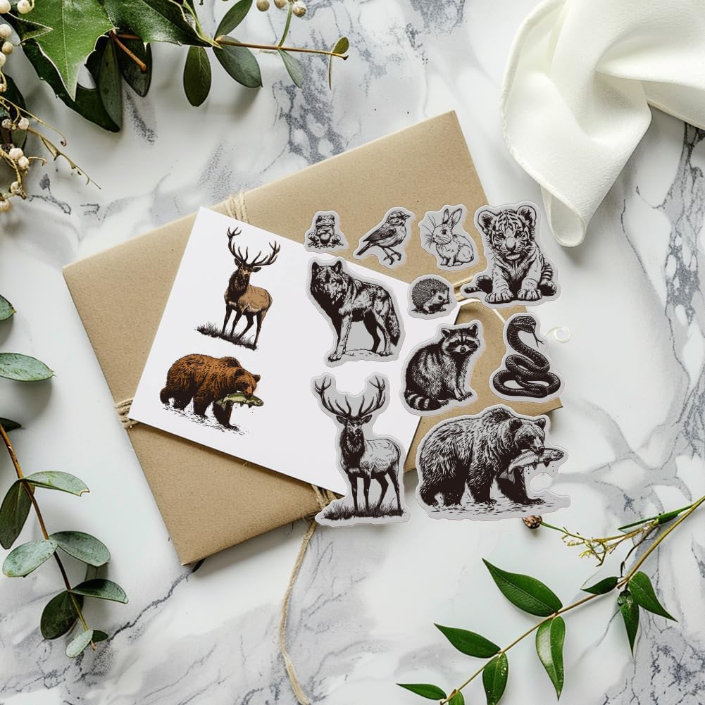 GLOBLELAND Forest Animals Cling Rubber Stamp 7.09x8.66inch Wolf Tiger Bear Deer EVA Stamps Embossing Stamp Seal Rubber Stamps for DIY Scrapbooking and Card Making Paper Craft Decor