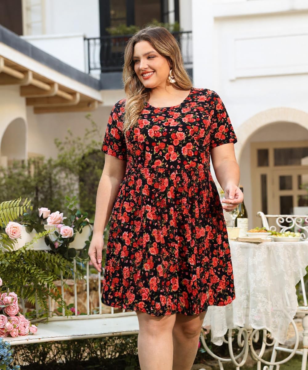 CARCOS Womens Plus Size Dresses Summer Short Sleeve Babydoll Dress Beach Casual Loose Mini Sundresses with Pocket XL-5XL - Image 2