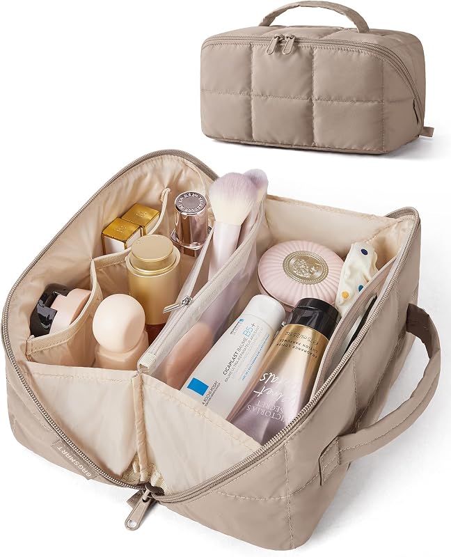 BAGSMART Necessaire de maquiagem e organizador de viagem com abertura plana, marrom