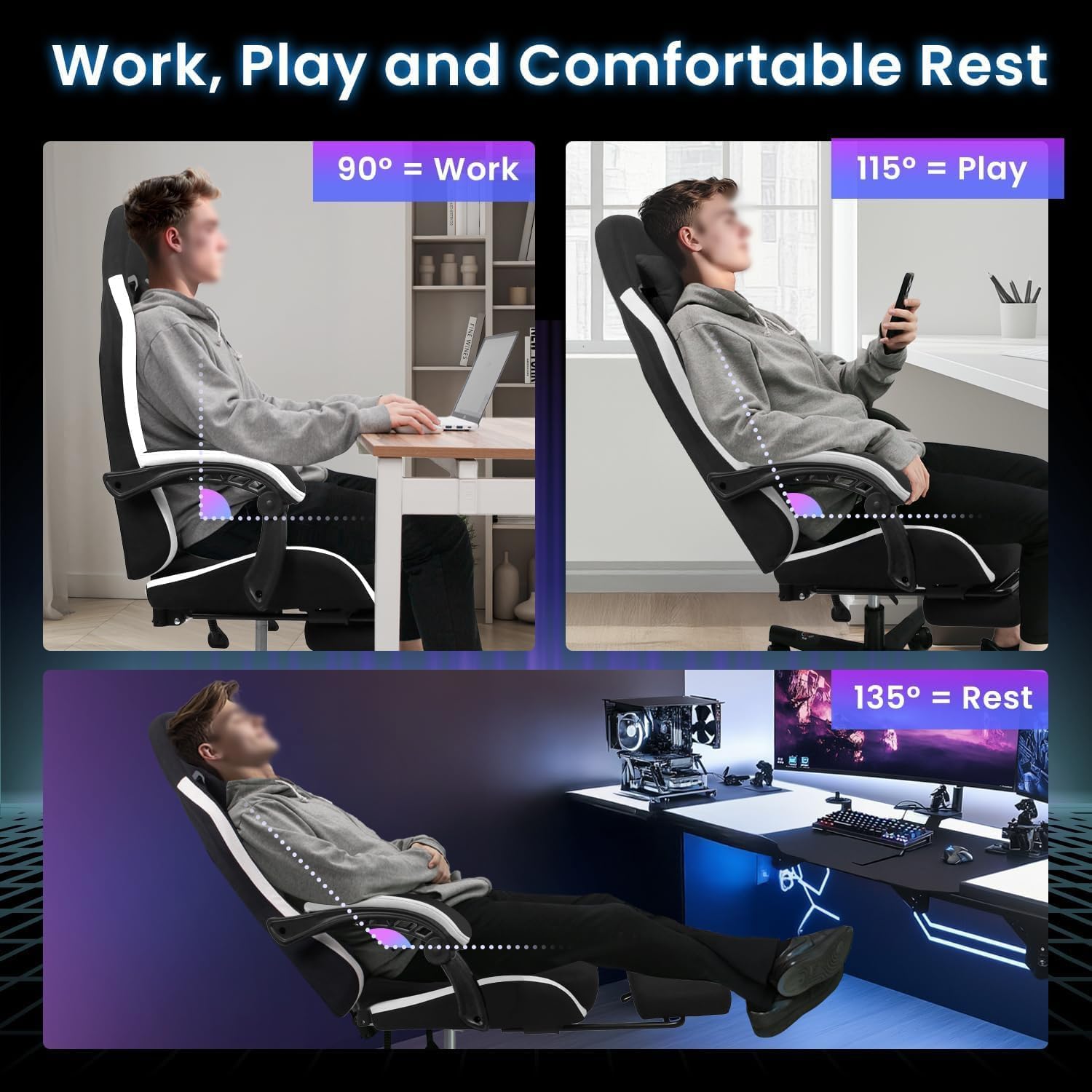 كرسي ألعاب أسود قابل للإمالة مع مسند قدم ودعم ظهر...