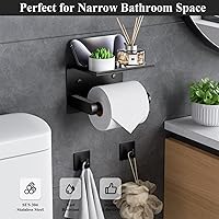 Vista 22 de Tindbea Toilet Paper Holder with Phone Shelf + Towel Robe Hooks, Adhesive or Screw Wall Mounted Toilet Paper Roll Storage, Stainless Steel Bathroom