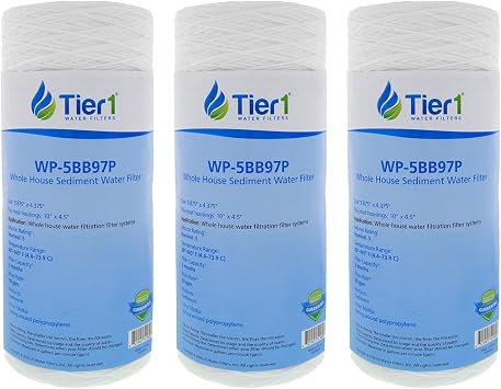 Tier1 0.5 Micron 10 x 4.5 Water Filter | Ultra-Fine Sediment String Wound Polypropylene Whole House Cartridge | Replacement for Pentek 355212-43, WP.5BB97P | 4.5 x 10 Water Filter 3-Pack