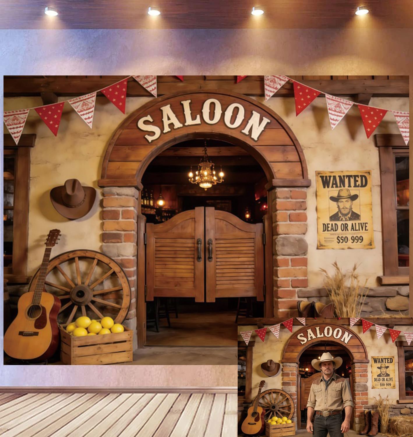 3 x 2,5 m Wild West Saloon wejście tło Wanted Poster Kowboy rekwizyty drewniany łuk koło samochodu dekoracja frontier salon tematyczny studio fotograficzne rekwizyty
