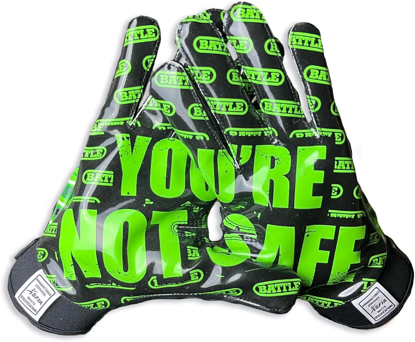 Battle Sports Nightmare You're Not Safe Cloaked Wide Receiver Football Gloves - Ultra Grip Gloves, Small, Black/Green