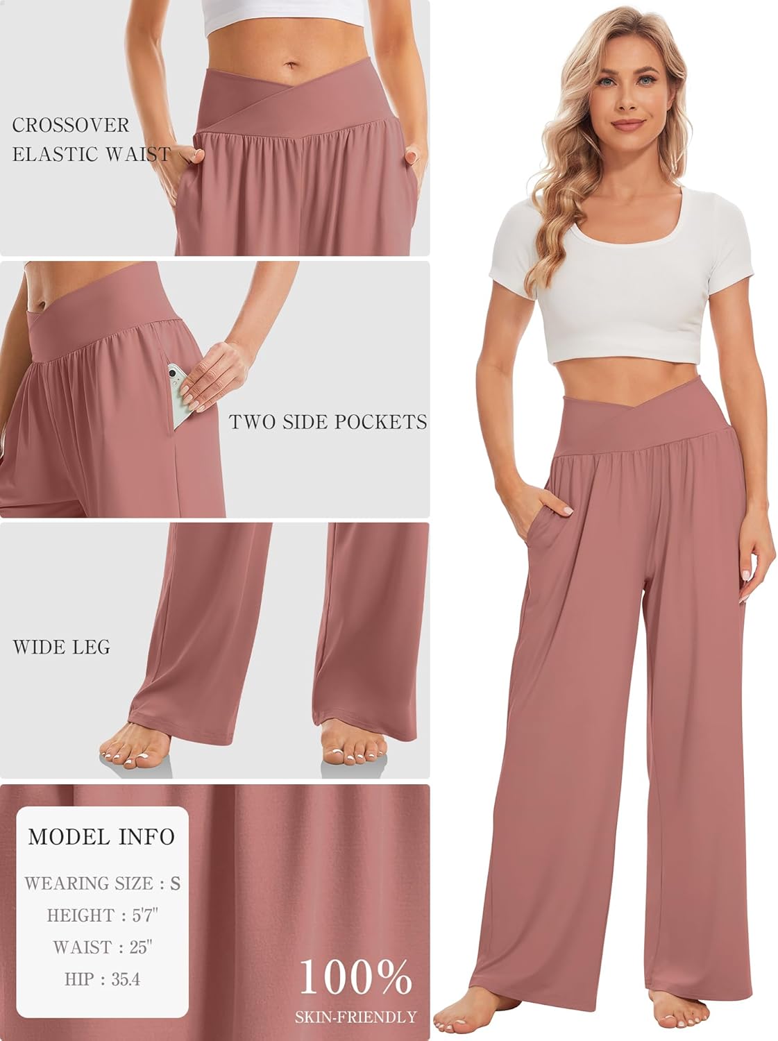 TARSE Women's Wide Leg Casual Loose Pants Yoga Sweatpants Comfy Crossover High Waisted Lounge Pajama Flowy Pants with Pockets - Image 5