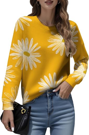 Daisy Floral Print Sweaters for Women Dressy Casual Crewneck Cable Knit Sweater Fashion Long Sleeve Crochet Jumpers