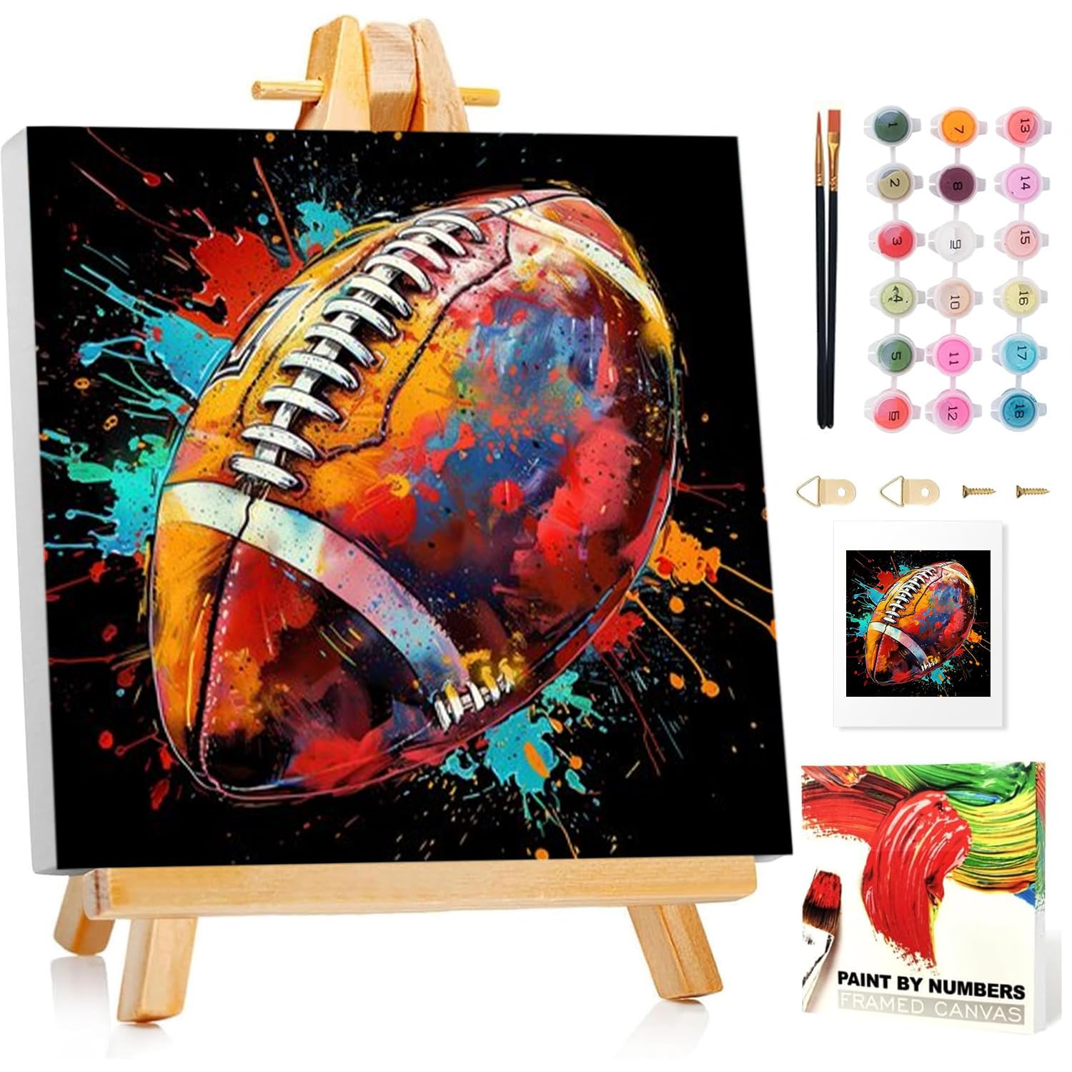 Malen Nach Zahlen Kinder mit Rahmen, Rugby Malen nach zahlen kinder ab 5 6 7 8 9 10 Jahre, Malset mit Rahmen, Pinsel und Acrylfarben, Geschenk für Mädchen und Jungen, mit Glitzer 20x20cm