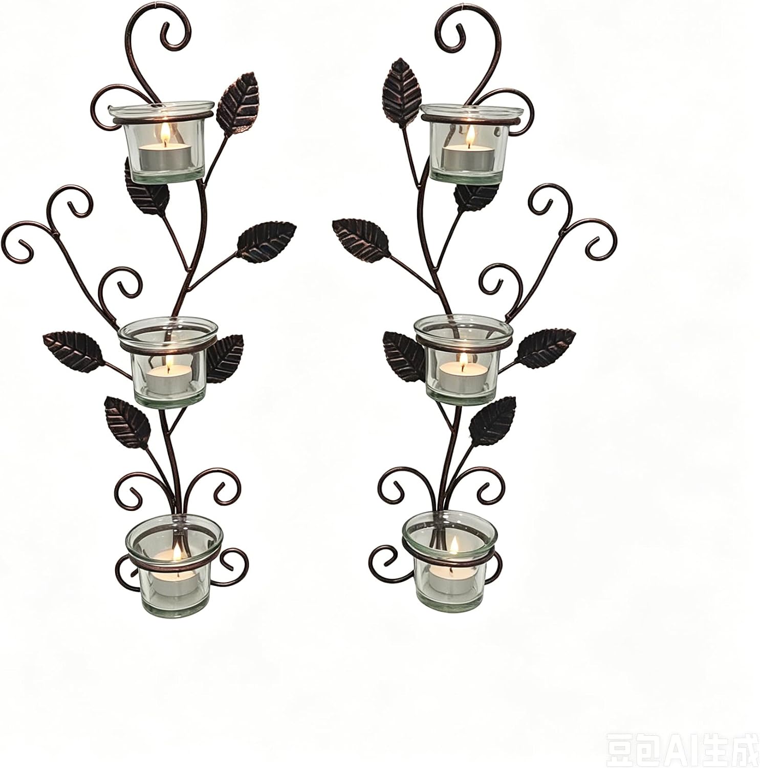 Vintage Wall Sconces Set of 2 – Bronze Metal Tea Light Candle Holders with Glass Cups, Rustic Farmhouse Wall Decor for Living Room, Bathroom, Dining Room, Handmade Curling Vine & Leaf Design (Leaves)