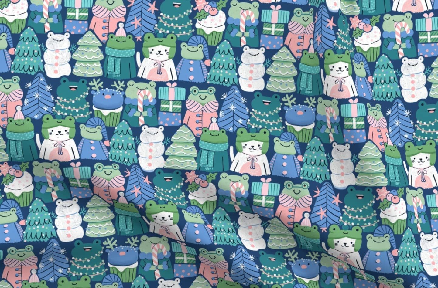 Spoonflower Fabric - Quirky Amphibians Frogs Christmas Pastels Teal Printed on Cotton Poplin Fabric by The Yard - Sewing Shirting Quilting Dresses Apparel Crafts