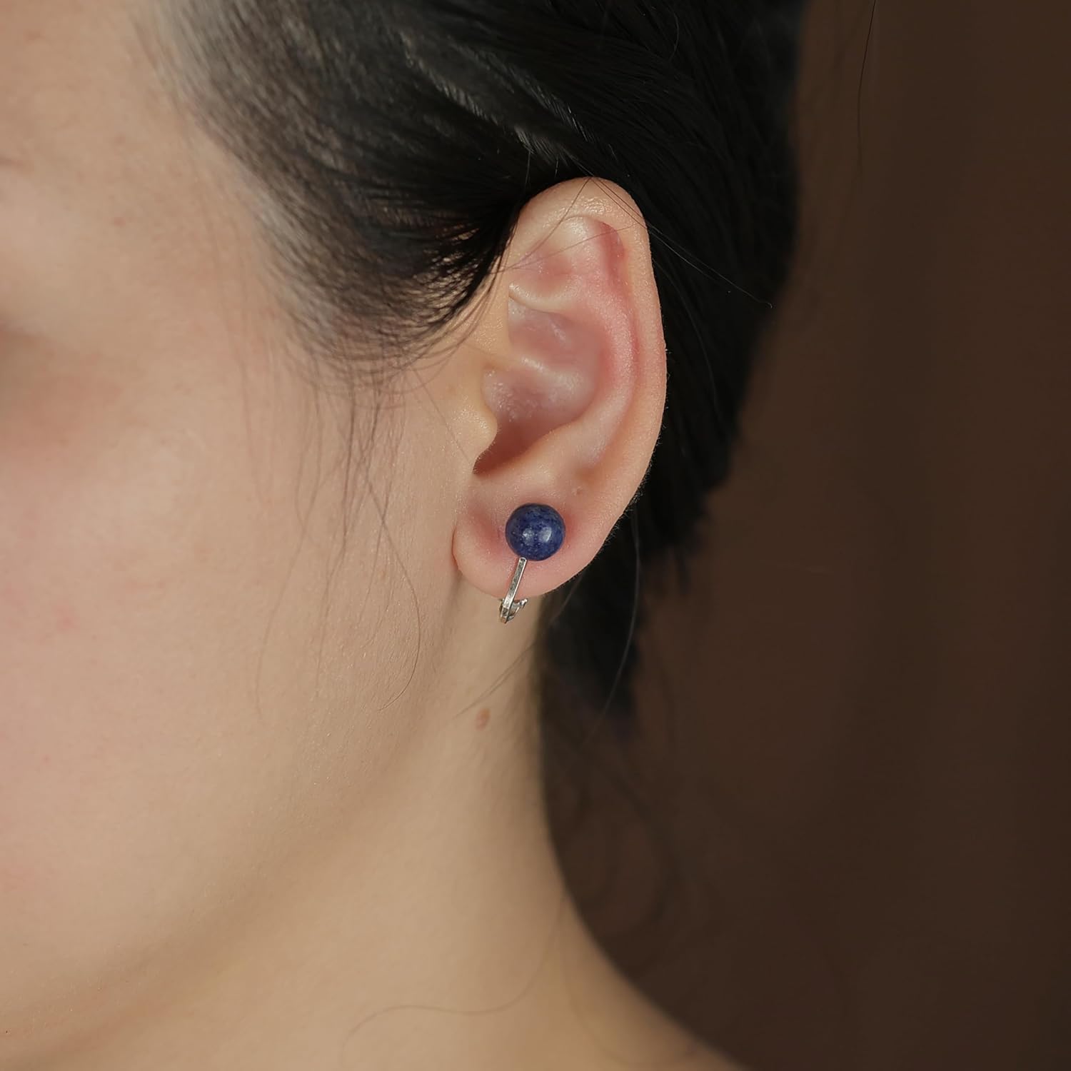 Simple Gemstone Round Bead Ball Stud Clip On Earrings For Women Non Piercing .925 Sterling Silver Birthstone Colors 8MM