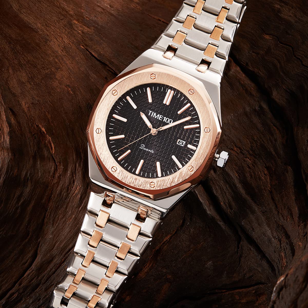 TIME100 Orologio Automatico Uomo Al Qarzo In Acciaio Inossidabile Impermeabile Orologio da Polso Elegante Regalo per Uomo（Nero）