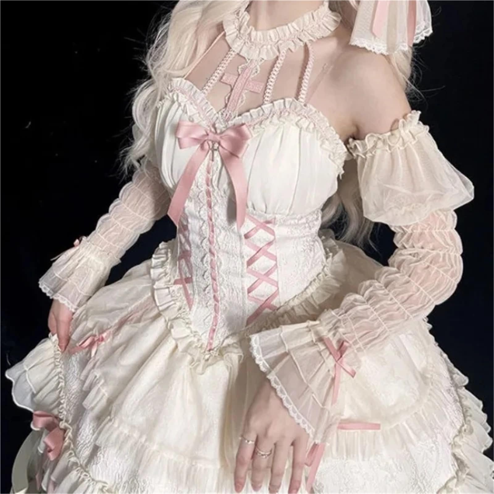 Vestido Corto Femenino de Verano Estilo Harajuku Lolita, Estilo gótico, con Cuello Halter, Hombros Descubiertos, Manga Larga, Estilo Kawaii, Ajustado con Lazo para Fiestas, mascaradas(S)