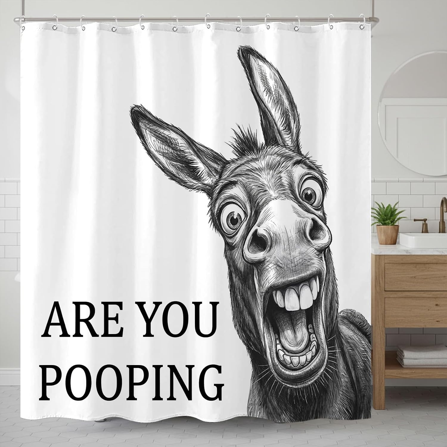 Funny Donkey Shower Curtain are You Pooping Humorous Farm Animal Sketch Design Waterproof Fabric Machine Washable Bathroom Decor 72x72 Inch