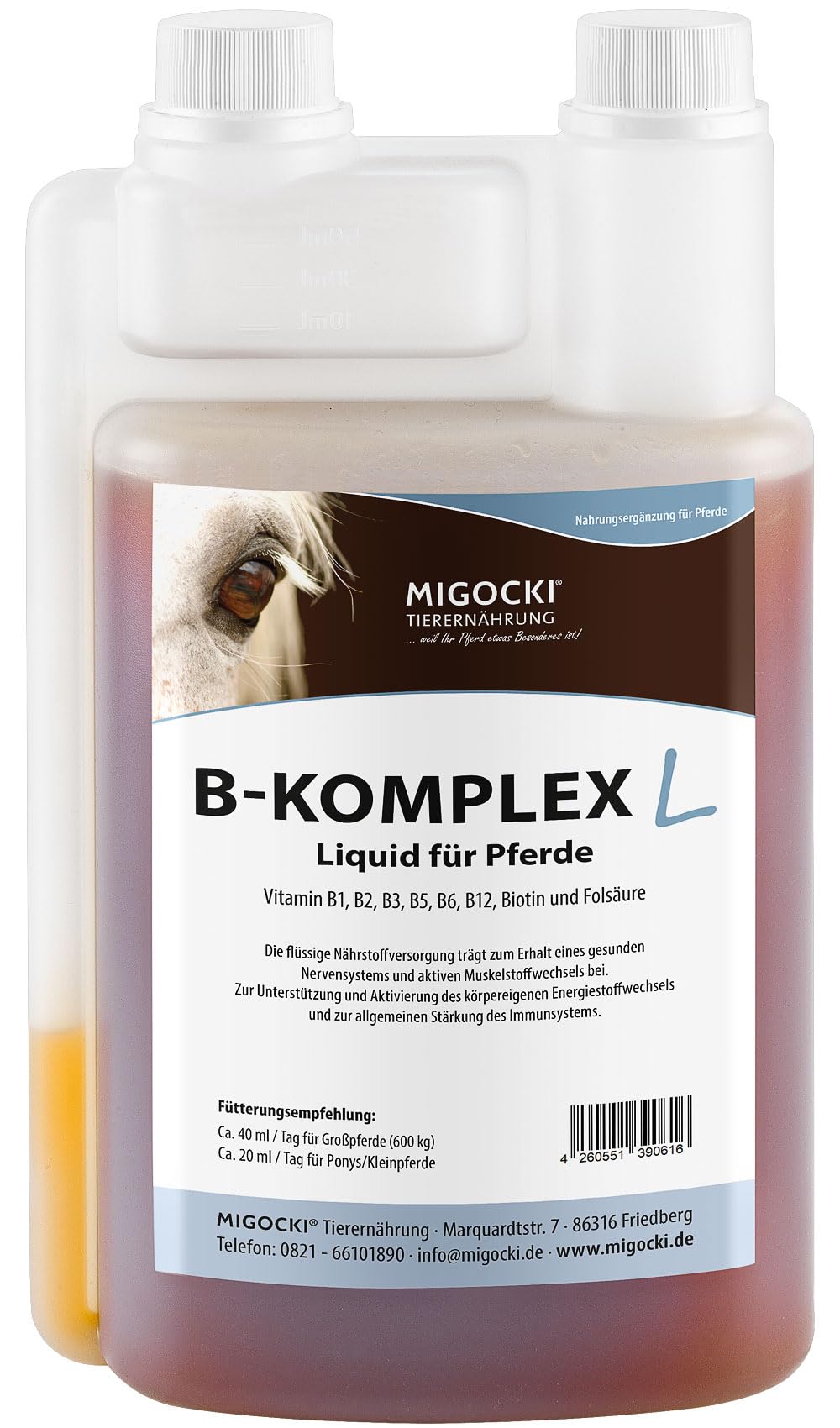MIGOCKI Vitamin B-Komplex Liquid - 8 wichtige B-Vitamine - Stärkt Nervensystem und Muskulatur - Flüssiges Ergänzungsfuttermittel - 1000 ml Dosierflasche