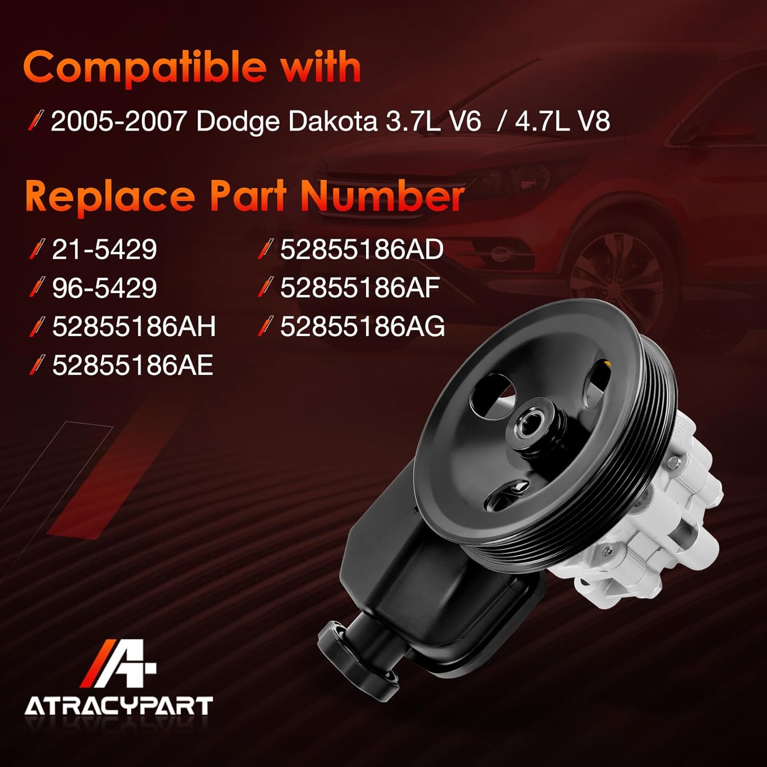 Power Steering Pump, with Pulley and Reservoir, Compatible with 2005 2006 2007 Dodge Dakota 3.7L V6 / 4.7L V8, Replace #21-5429, 9605429, 52855186AH, 52855186AD, 52855186AE, 52855186AF, 52855186AG
