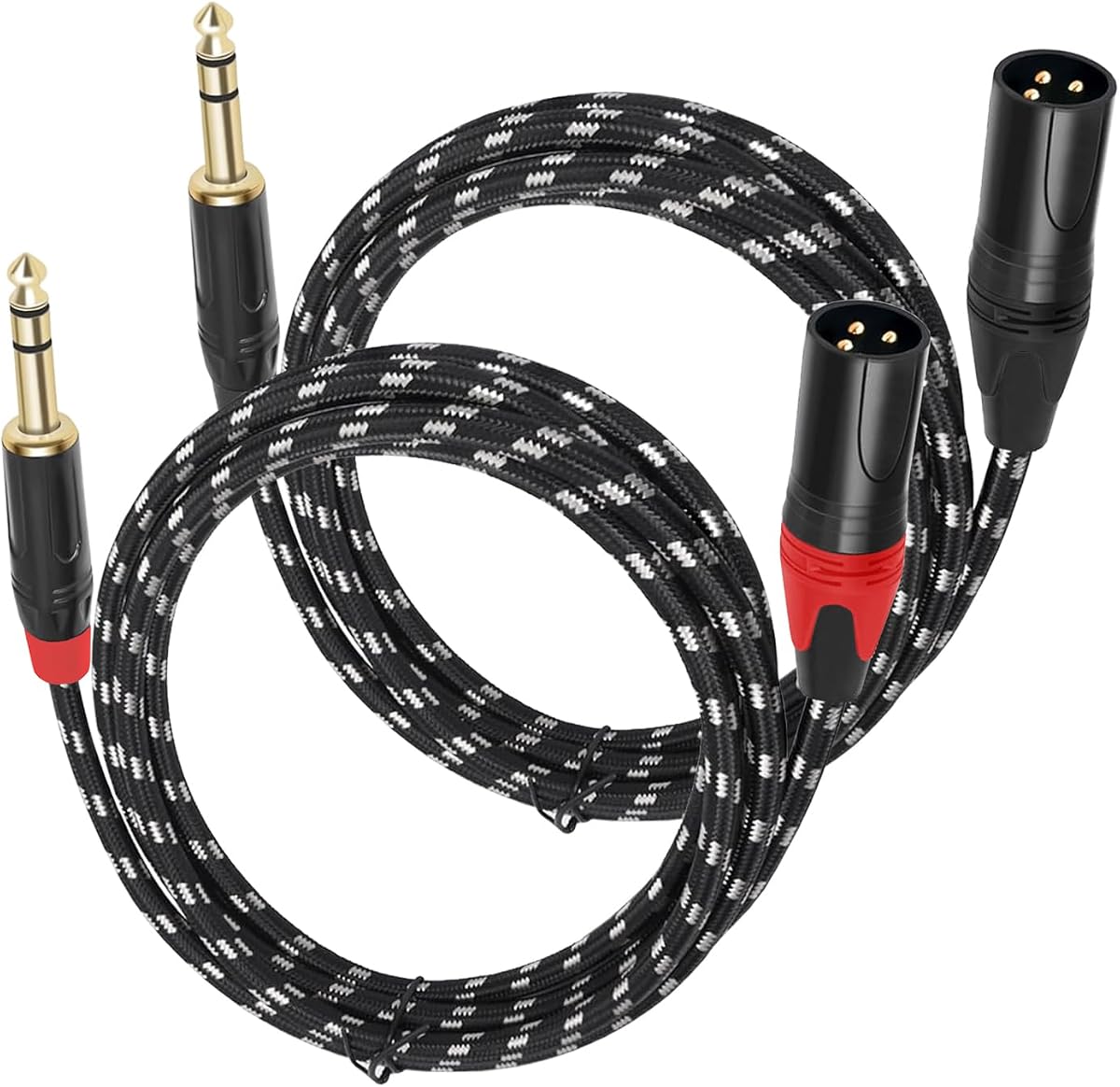 XLR Male to 1/4 (6.35mm) TRS Mono Jack Microphone Cable, 6.6 FT, 2 Pack, Black and White Grid Protective Layer, Balanced 3 Pin to Quarter inch TRS Plug, Pure Copper and Plated Conductors