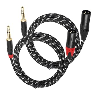 XLR Male to 1/4 6.35mm TRS Mono Jack Microphone Cable, 10 FT, 2 Pack, Black and White Grid Protective Layer, Balanced 3 Pin XLR to Quarter inch TRS Plug Mic Cord