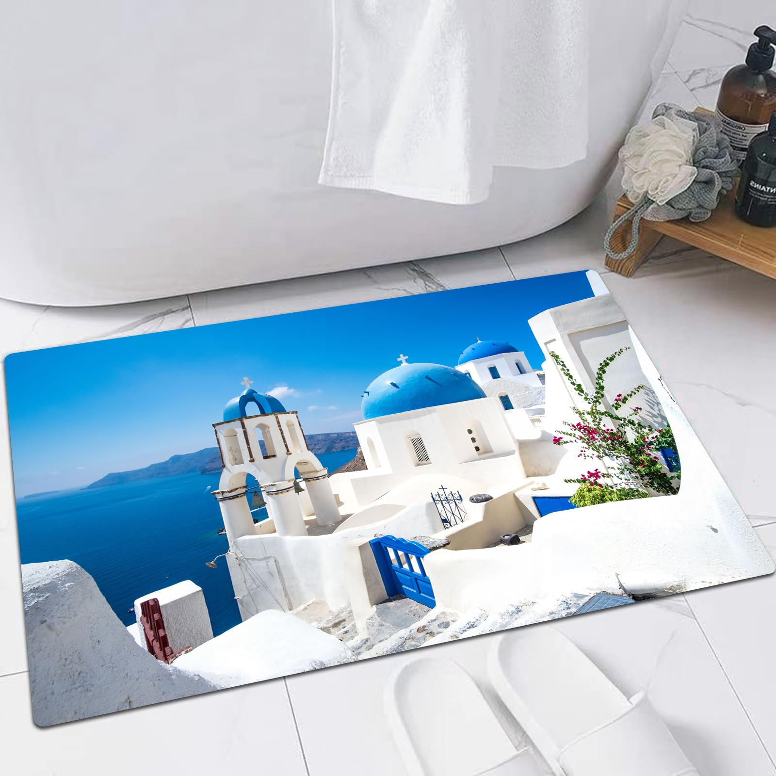 EMFSLA Bath Mat 24x35 in,Scenic view of traditional cycladic white houses and blue domes in Oia village San,Non-Slip Bathroom Mat Machine-Washable,Ultra Soft and Water Absorbent Bath Rug for Bathroom