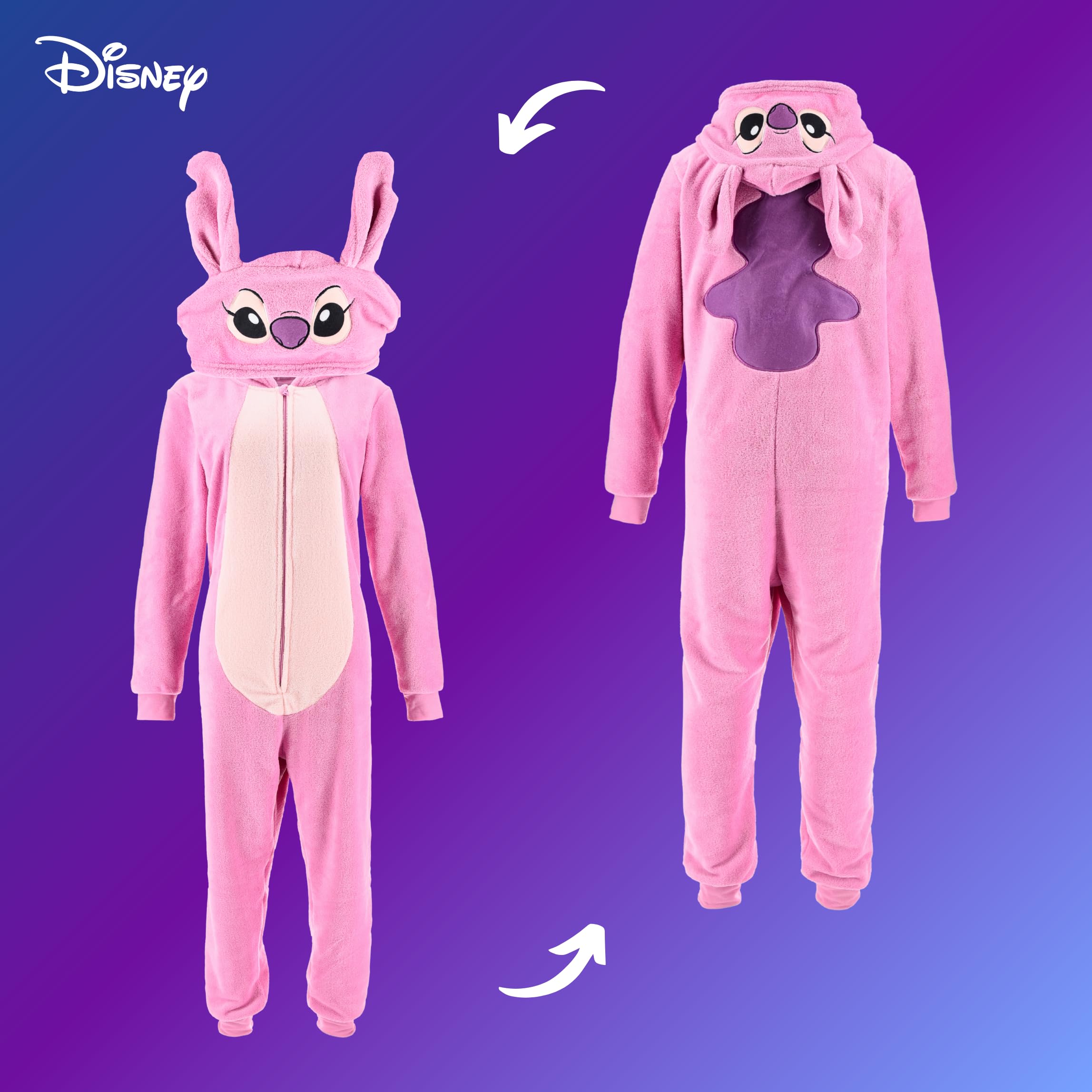 Disney Stitch Pyjama Femme, Pyjama Une Pièce à Capuche 3D Angel en Polaire Douce, Cadeau pour Femmes, Filles et Adolescents