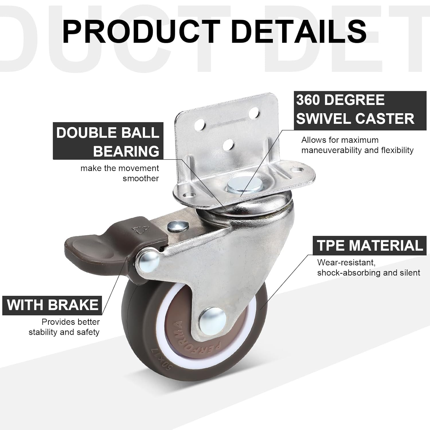 8 Pack 2 Inch L Shape Caster Wheels, Side Mount Casters with Brake Small Wheels Furniture Casters 360 Degree Swivel for Furniture, Table, Carts Trolley, Cabinet DIY Project