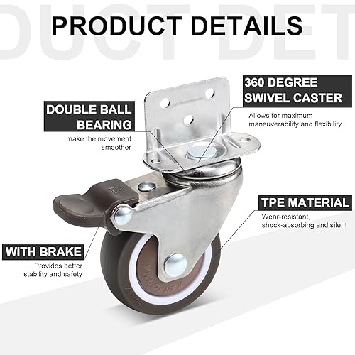 Miniatura 3 de Paquete de 8 ruedas de montaje lateral con freno de 2 pulgadas en forma de L, ruedas pequeñas de placa de elastómero termoplástico, ruedas