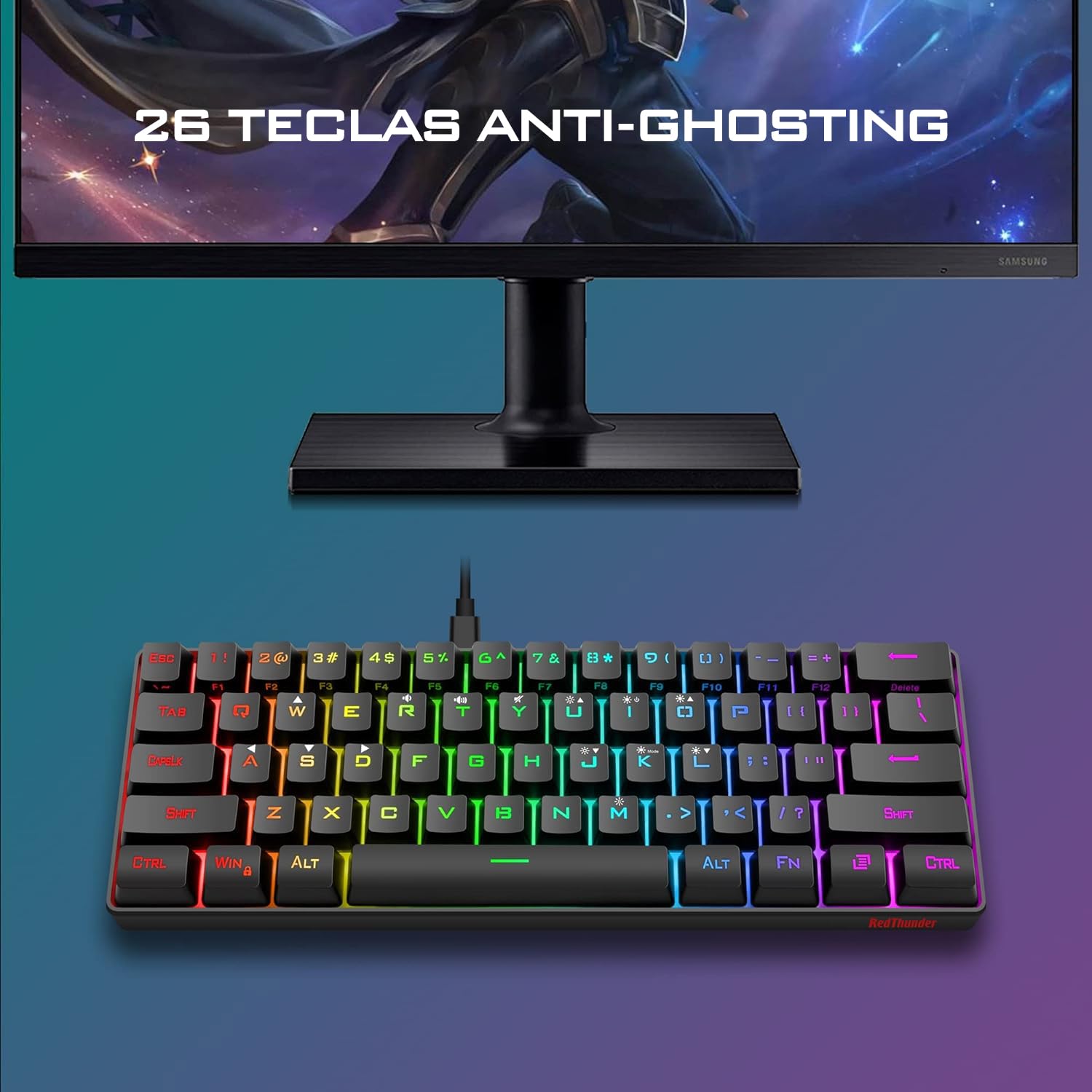 RedThunder K62 - Tastiera e mouse da gaming RGB 60% in lingua spagnola, mini tastiera ultra compatta retroilluminata ed ergonomica, mouse da gaming ottico 7200 dpi, compatibile con PC, PS5, Xbox (nero