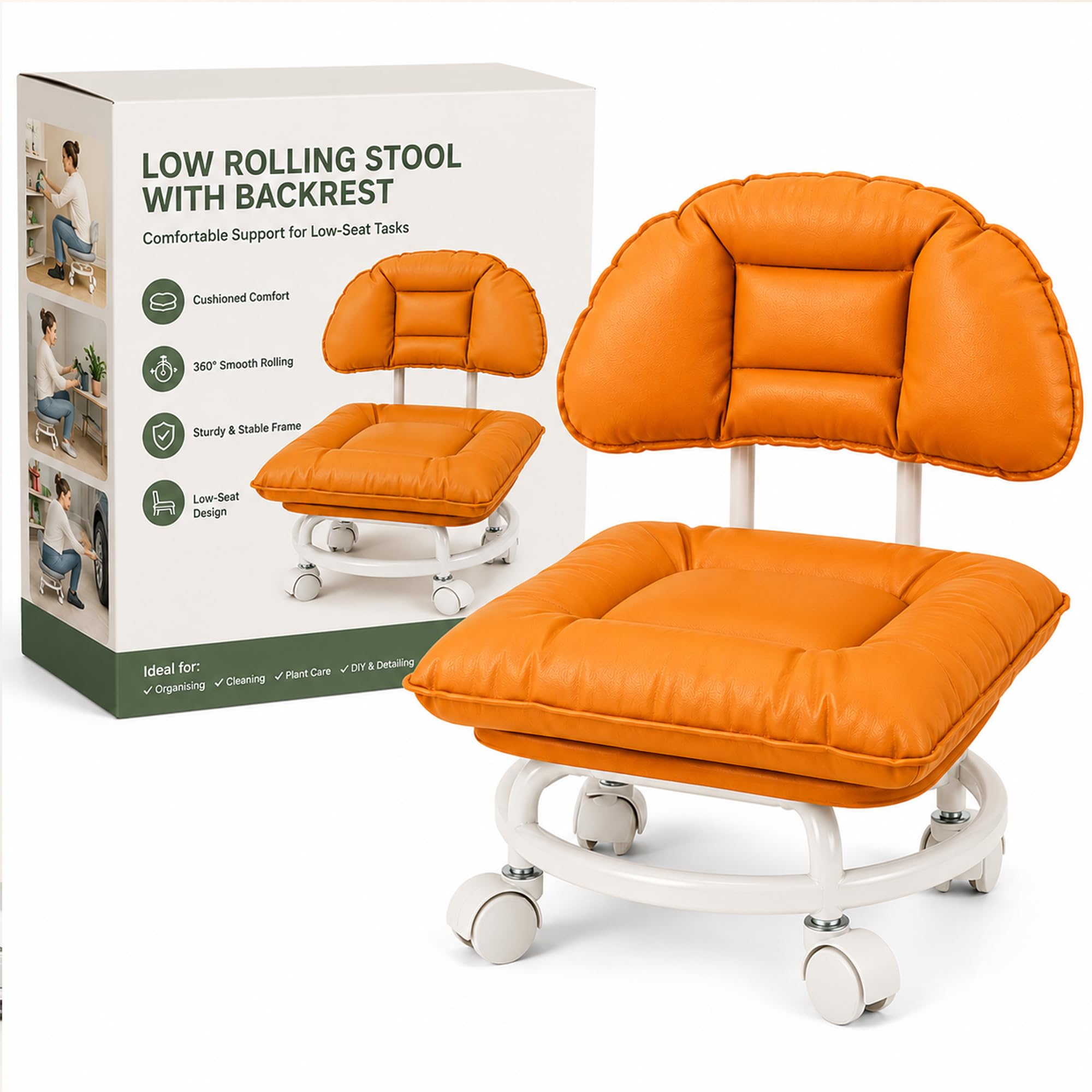 Rolling Low Stool with Backrest, Padded Seat, 360° Swivel Wheels ，Orange