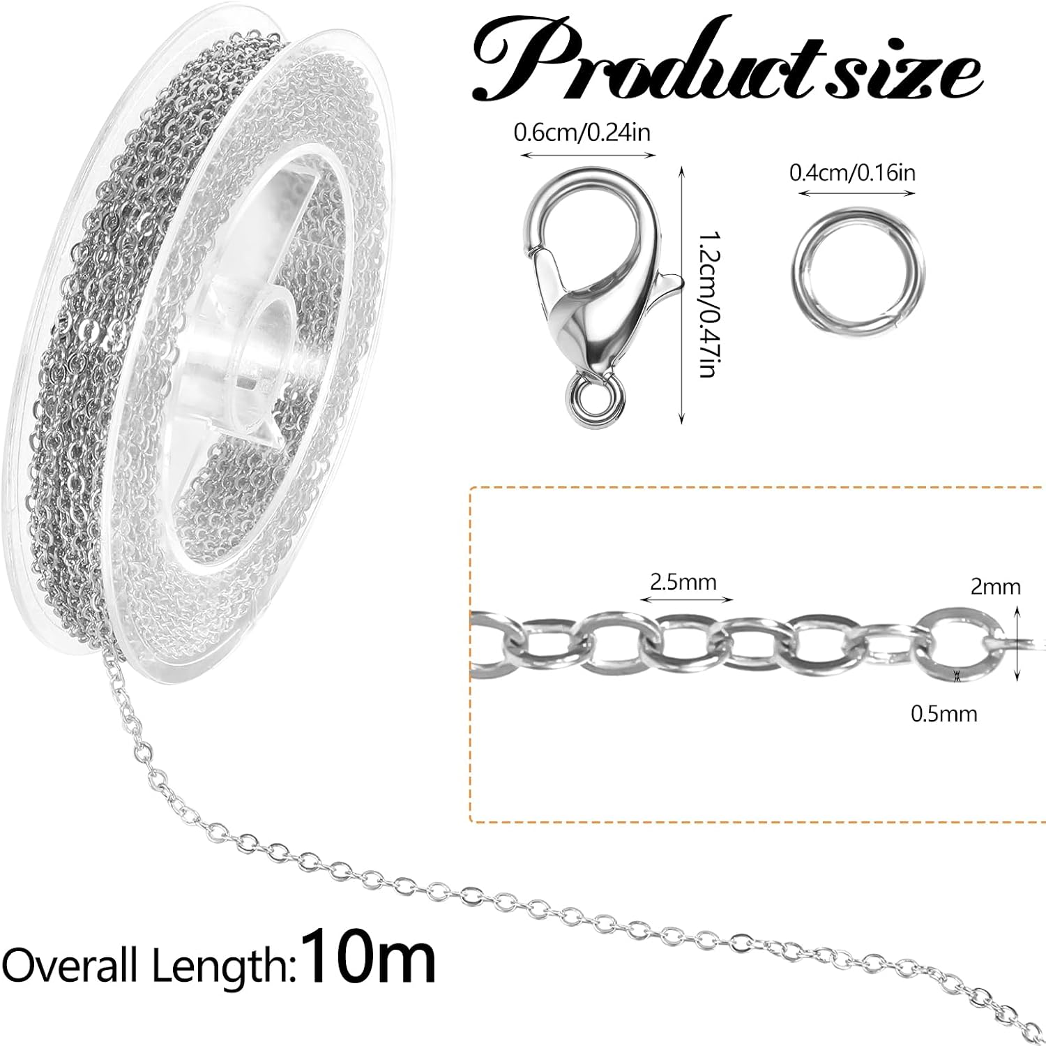 Oruola 32.8ft Jewelry Chain Roll, 2mm Silver Chain for Jewelry Making,Necklace Chains for Jewelry Making with 20Pcs Lobster Clasps 100Pcs Jump Rings, DIY Craft Bulk Chains