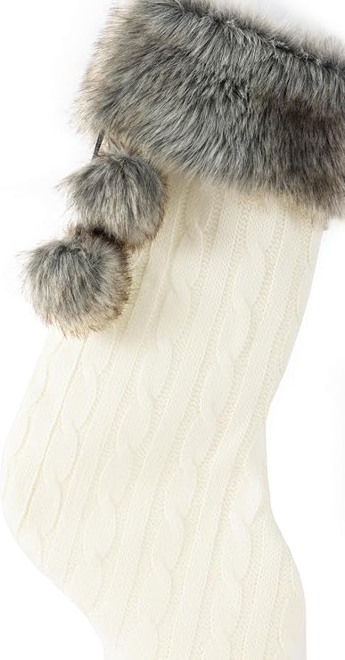 Cable Knit Christmas Stockings with Faux Fur Cuff Large Knitted Xmas Stockings Rustic Hanging Stockings Ornaments for Christmas Decorations Holiday Season Decor (Ivory White)