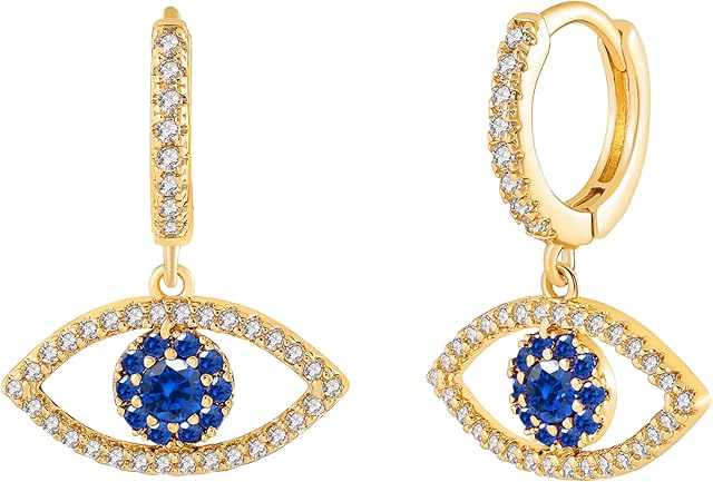 JIANGYUE Blue Evil Eye Earrings, Gold Small hoop earrings for women, with Tiny Cubic Zirconia Dangle Earrings, Ladies Tassel Earrings, Gold huggie earrings