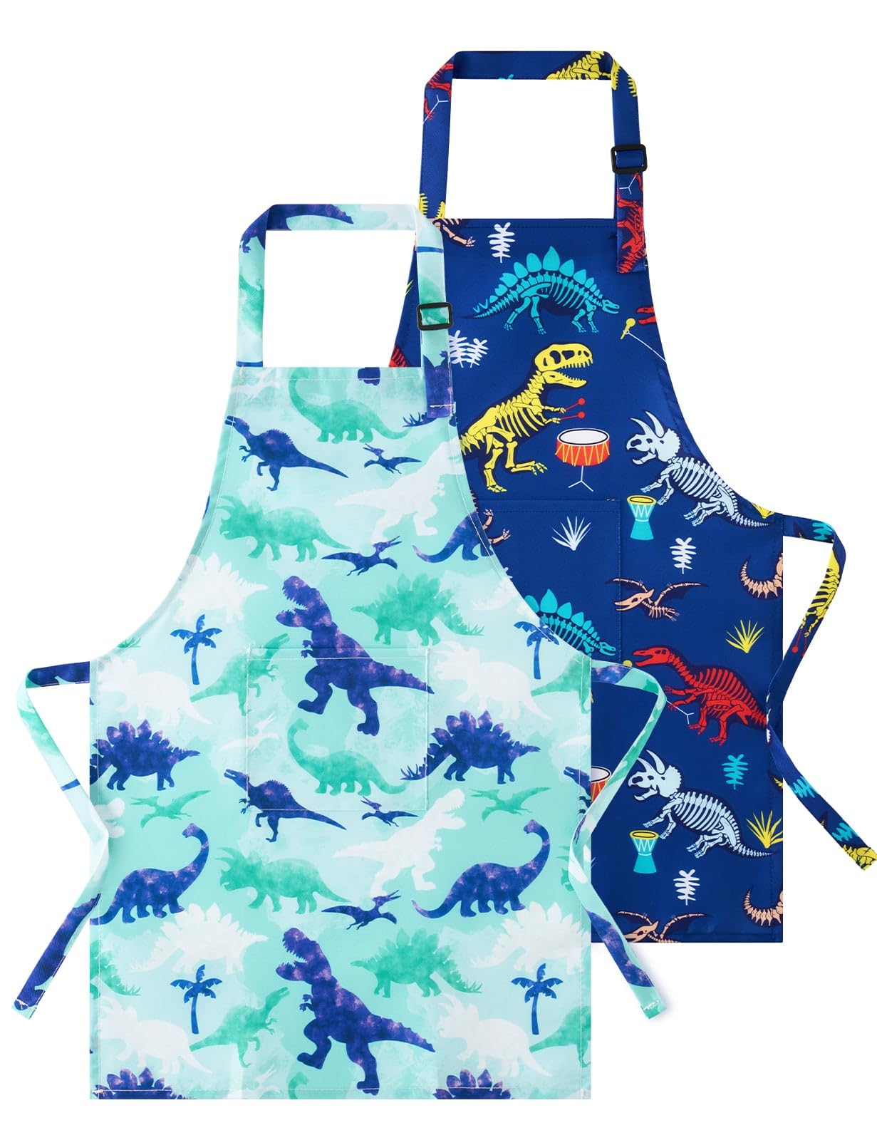 2 Pack Dinosaur Kids Art Aprons for Boys - Waterproof Toddler Chef Aprons With Pocket for Cooking, Baking, Painting, Gardening - Adjustable Bib Apron for Kitchen, Classroom Art Smocks