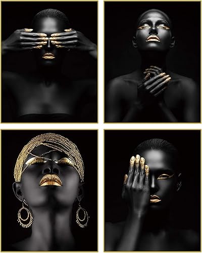 Juego de 4 aretes de oro afroamericanos con pintura de pared para mujer negra, juego de 4 (cuadro de lienzo de 8 x 10 pulgadas) bonita habitación de